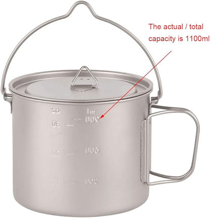 Lixada 1100ml/2800ml Titanium Pot Ultralight Portable Hanging Pot with Lid and Foldable Handle Outdoor Camping Hiking Backpacking