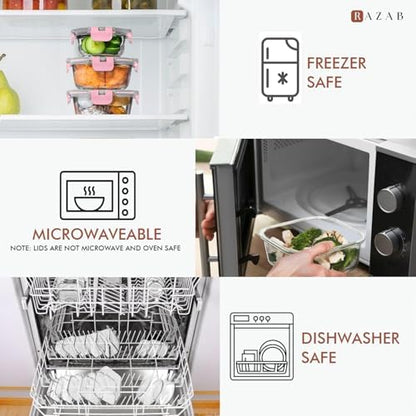 Razab 30 PC Glass Food Storage Containers with Lids - Reusable Glass Meal Prep Containers for Lunch and Leftovers - Airtight & Leakproof Snap Locking Lids - Oven, Freezer, Microwave, Dishwasher Safe