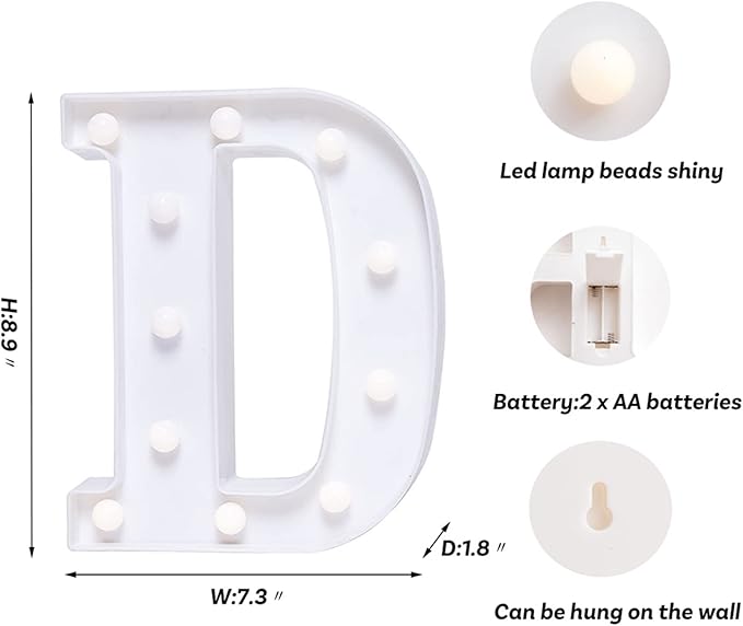 Foaky LED Letter Lights Sign Marquee Light Up Letters Sign for Night Light Wedding/Birthday Party Battery Powered Christmas Lamp Home Bar Decoration(D)