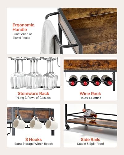 VEVOR Bar Cart with Wheels, Large Wide 3-Tier Rolling Serving Cart, 34.64-Inch Beverage Station with Wine Rack, Glass Holder and S Hooks for Home Kitchen, Rustic Brown and Black