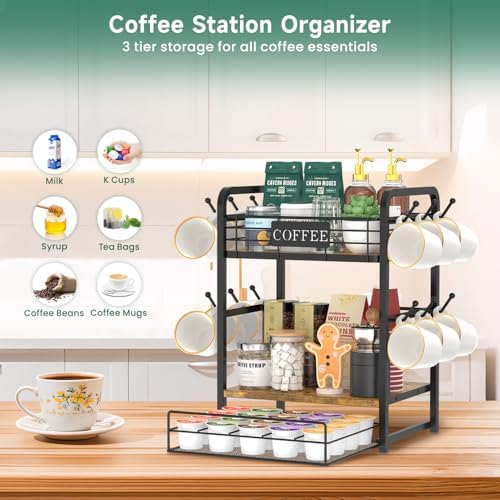 EsLuker.ly Coffee Bar Organizer Station Shelf Mug Holder, with 12 Hooks