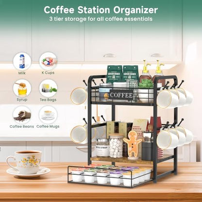 EsLuker.ly Coffee Bar Organizer Station Shelf Mug Holder, with 12 Hooks