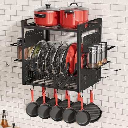 Wall Mounted 16" Pot Rack，2 Tier Kitchen Pots & Pan Organizer with 10 Hooks