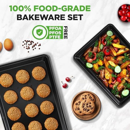 NutriChef 2-Piece Non-Stick Black Cookie Sheets - Versatile & Durable Non-Toxic Carbon Steel Bakeware Sets, Stackable Baking Tray for Cookies, Brownies, Jelly rolls - Oven Safe & Easy Clean
