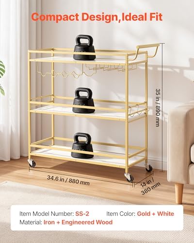VEVOR Bar Cart, 3 Tiers Home Kitchen Serving Carts, Modern Rolling Utility Station on Wheels, Mobile Drink Beverage Trolley with Wooden Shelf, Wine Rack, and Glass Holder, 35.83x12.99x36.81 in, Gold