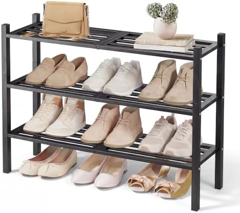 SONGMICS Bamboo Shoe Rack, 3-Tier Stackable Shoe Organizer, for 12-16 Pairs