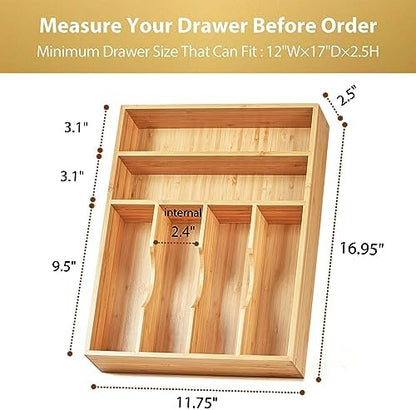 Umilife Kitchen Drawer Organizer, 12 Inch Silverware Utensil Tray Holder, Extra Deep, with Non-Slip Feet & Grooved Drawer Divider, 6 Slots Total Bamboo Wood Caddy for Flatware Cutlery Knives