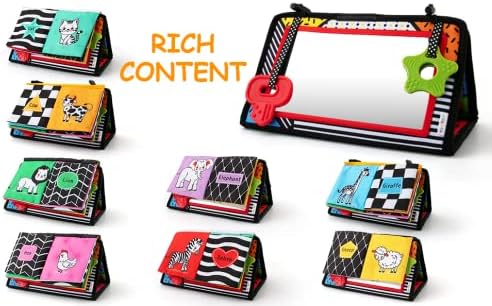 3-in-1 Tummy Time Mirror with Soft Crinkle 3D Activity Book, Teethers, Rattle - High Contrast Black and White Montessori Baby Crawling Toys Developmental Newborn Infant Sensory Toys Gift 0-12 Months