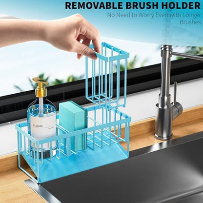 Cisily Blue Kitchen Sink Caddy Organzier with High Brush Holder, Sponge Holder for Sink, 304 Rustproof Stainless, Kitchen Countertop Soap Dispenser Organizer, Blue Home Decor and Accessories