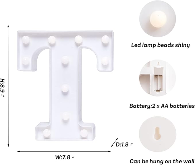 Foaky LED Letter Lights Sign Marquee Light Up Letters Sign for Night Light Wedding/Birthday Party Battery Powered Christmas Lamp Home Bar Decoration(T)
