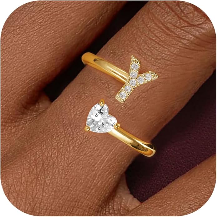 Initial Gold Rings for Girls Women - Dainty 14K Gold Plated Adjustable Letter A-Z Rings Teen Girls Gifts Trendy Stuff Heart CZ Initial Ring Teens Birthday Gift for Girls Non Tarnish