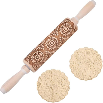 Embossed Wooden Rolling Pin Flower Print 35cm Rolling Pin