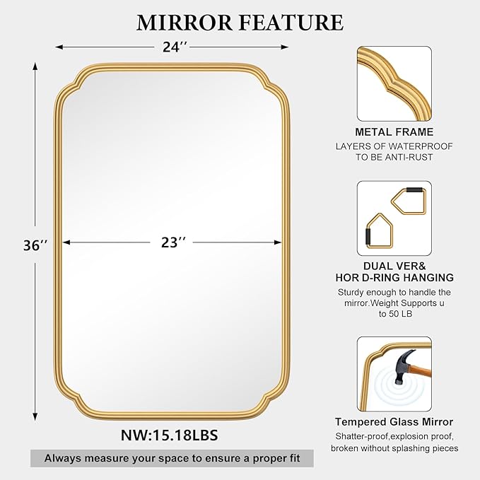 Gold Bathroom Vanity Mirror for Wall 24" x 36" Modern Rounded Rectangle Mirror