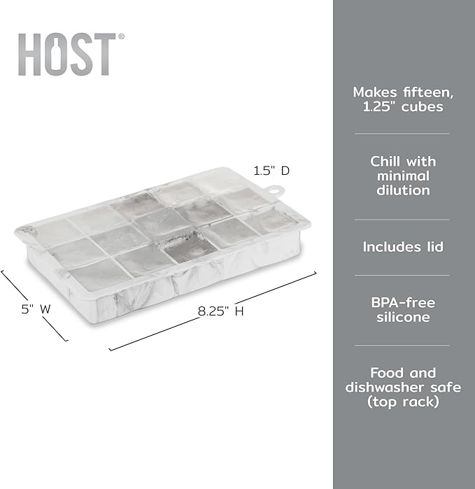 Host Ice Cube Tray with Lid, Makes 15 1.25" Cubes, Durable Silicone Trays