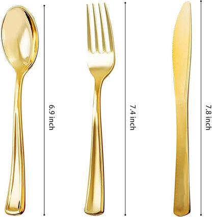 NOCCUR 400PCS Gold Plastic Silverware - Gold Plastic Cutlery Include 200 Forks, 100 Spoons, 100 Knives, Disposable Silverware Perfect for Party&Daily Using