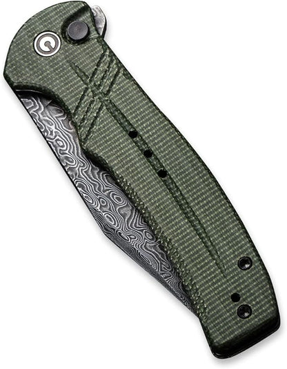 CIVIVI Cogent Button Lock Flipper Pocket Knife, Damascus Blade Green Micarta Handle, Good for Outdoor EDC Camping C20038D-DS1