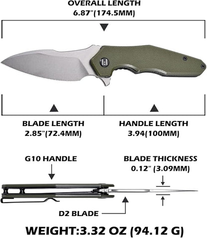 Hightron Mini Ventura EDC Pocket Knife, 2.85" Stonewashed D2 Steel Blade G10 Handle with Pocket Clip, Liner Lock Knife for EDC Camping Survival Hiking Unisex Green-W