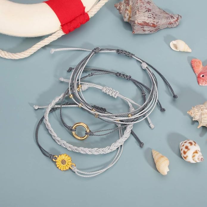 FANCY SHINY Sunflower String Bracelet Boho Braided Rope Wrap Bracelets Cute Summer Beach Surfer Jewelry for Women Christmas Gifts