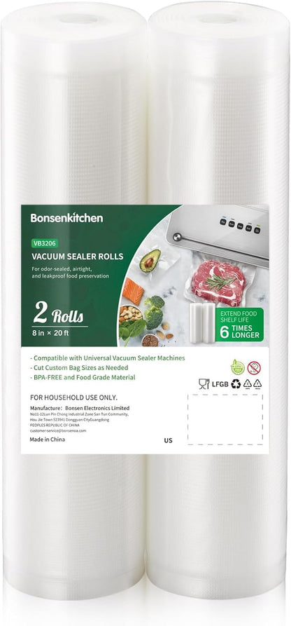 Bonsenkitchen Vacuum Food Sealer Rolls Bags, 2 Packs 8 in x 20 ft, BPA Free, Durable Commercial Customized Size Bags for Storage and Sous Vide Cooking,VB3206
