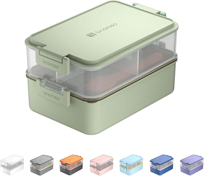 linoroso Stackable Bento Box Adult Lunch Box | Meet All You On-the-Go Needs for Food, Salad, and Snack Box, Premium Bento Lunch Box for Adults Include Utensil Set, Dressing Containers - Pale Mint