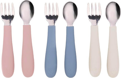 WeeSprout Toddler Utensils, 3 Forks & 3 Spoons, 18/8 Stainless Steel & Food Grade Silicone, Thick Easy-Grip Handles, Perfect Length For New Self Feeders, Gentle On Gums & Teeth, Dishwasher Safe