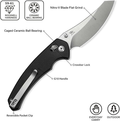 CIVIVI Sixgill Folding Pocket Knife for EDC, 3.41'' Nitro-V Blade G10 Handle, Deep Carry Reversible Clip, Gift for Men Women C24050-1 (Black)