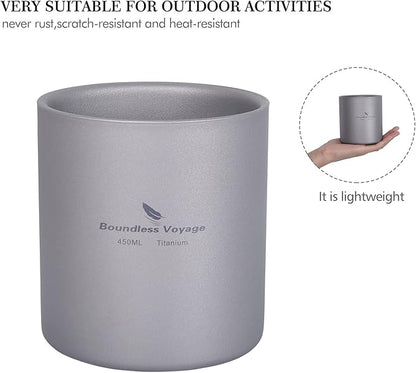 Boundless Voyage 3 in 1 Double Walled Titanium Cup Heat Resistant Mini Tea Drink Cup Outdoor Camping Mug Coffee Cups Camping Accessories (Ti3030D 450ml)