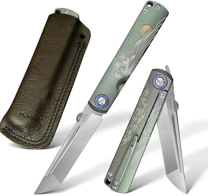 Handmade CPM-S35VN Powder Steel Japanese Pocket Knife, TC4 Titanium Alloy Handle, Camping and Hiking, Can be Gifted to Husband and Wife