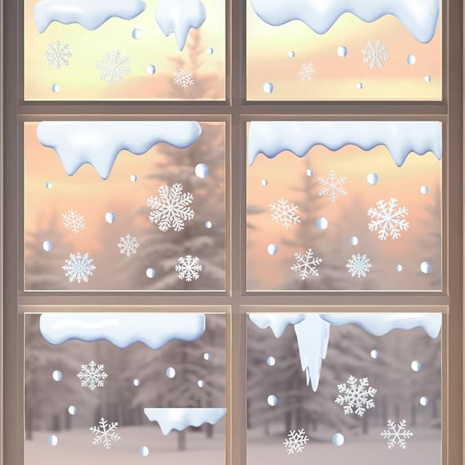 Winter White Snowflakes Window Clings for Glass Window, Snowdrift Snowball Icicle Window Stickers Set Double Sided Christmas Window Stickers Decals for Holiday Theme Party 4 Sheet