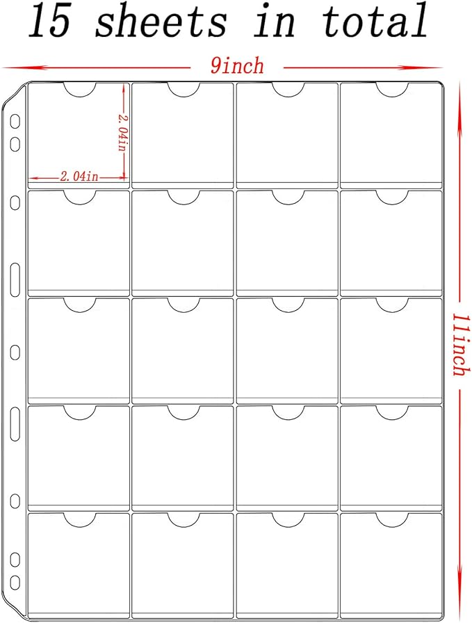 15 Sheets 300 Pockets Coin Pocket Pages for 2" x 2" Cardboard Coin Flips, Standard 9-Hole for Coins Coin Binder Collection Supplies Pages