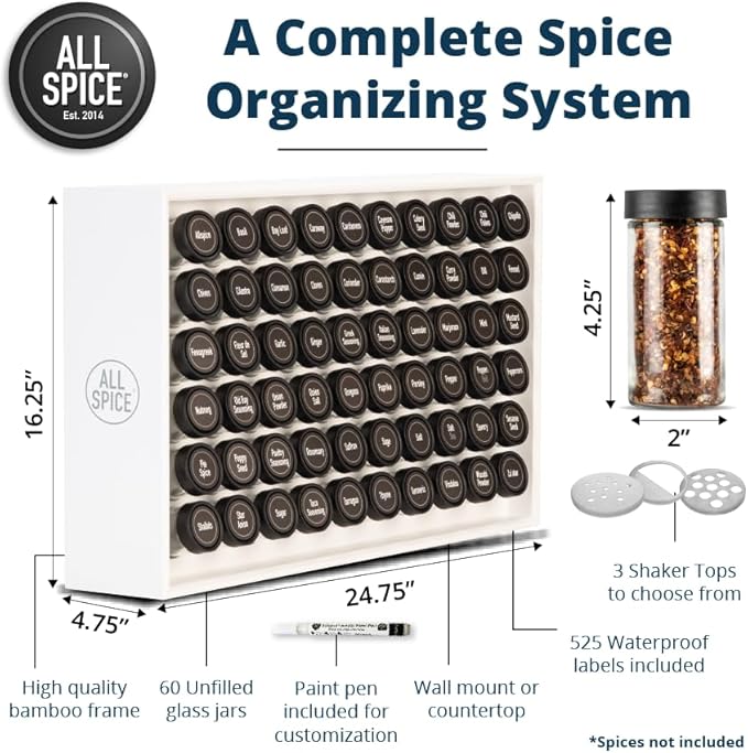 AllSpice Spice Rack Organizer, 525 Unique Labels, Countertop or Wall Mount