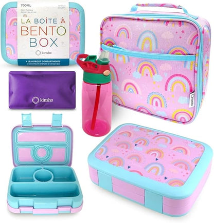 Bento Lunch Box with Insulated Bag, Water Bottle & Ice Pack Set for Kids Toddlers, 4 Portion Sections, Removable Tray, Pre-School Girl Kid Toddler Daycare Lunches, Snack Container, Purple Rainbow