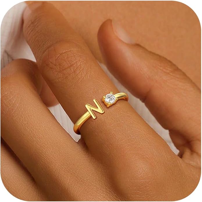 Gold Initial Rings for Women Girls, 14K Gold Plated Adjustable Initial Rings Teen Girl Gifts Trendy Stuff Letter Ring Birthday Gifts for Teenage Girls Non Tarnish