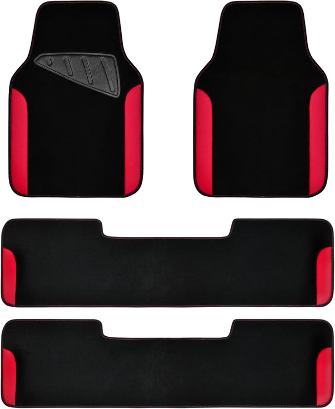 CAR PASS Waterproof Universal Faux Leather 3Row Car Floor Mats, Red Car Mats Fit for SUV,Vans,sedans, Trucks,Set of Vehicles Car Carpet with Driver Heel Pad and Anti-Slip Nibs Backing (Red 3Row)