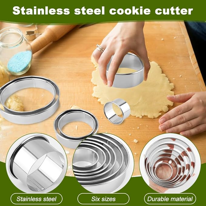 6PCS Round Cookie Cutters Set, Stainless Steel Biscuit Cutters