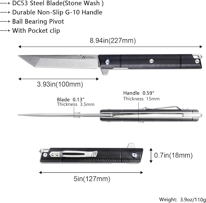 Flipper Pocket Folding Knife,DC53 Steel Blade and G10 Handle. With pocket clip and glass breaker,men's pocket knife hiking trip EDC tool Knife (Stone Wash Blade-T)