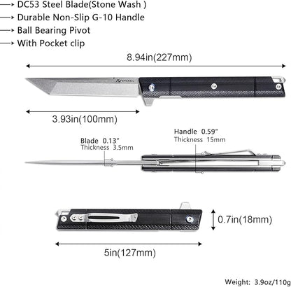 Flipper Pocket Folding Knife,DC53 Steel Blade and G10 Handle. With pocket clip and glass breaker,men's pocket knife hiking trip EDC tool Knife (Stone Wash Blade-T)