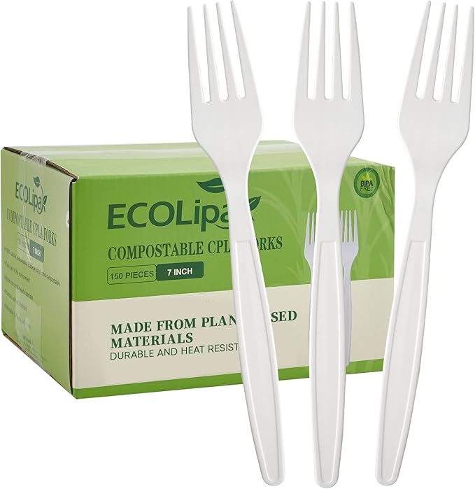 ECOLipak 100% Compostable Forks 150 Pack, 7 Inch Large Size Biodegradable Disposable Cutlery Forks, Heavy Duty Bio based CPLA Utensils for Party, BBQ, Picnic