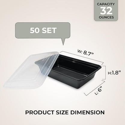 Klex 32 Oz, 50 Sets Meal Prep Containers with Airtight Lids, BPA Free, Reusable Plastic Food Container, 32 oz, Rectangular, Black/Clear, 50 Sets