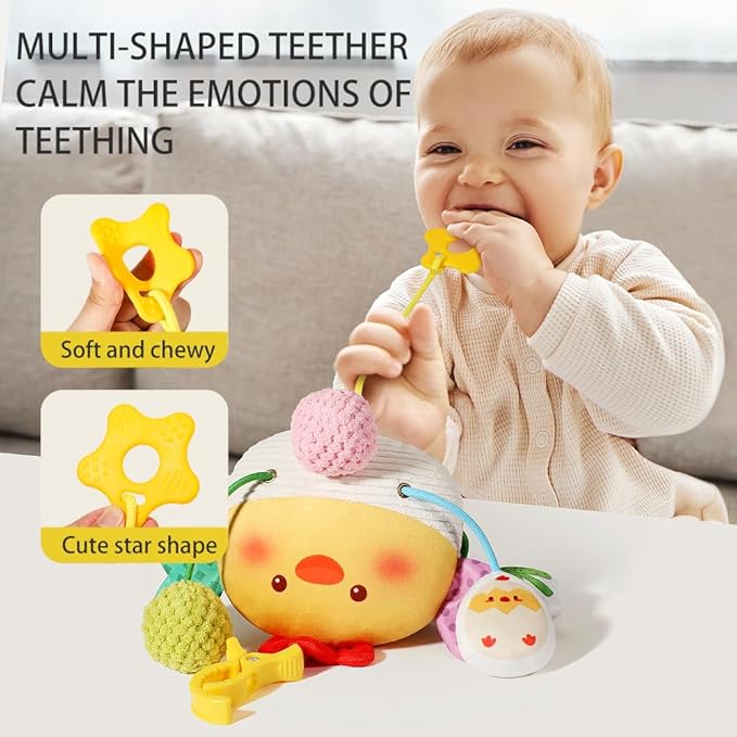 Carseat Toys Hanging for Babies 0-6 Months Boy Girl – Chicken Pull String Baby Toy with Crinkle, Rattle, Mirror, BB Squeaker – Crib Toys Hanging, Stroller, Car Seat Toy, Baby Hanging
