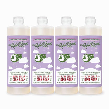 Rebel Green Super Deluxe Dish Soap - Natural Dishwashing Soap - Liquid Dish Detergent - Sustainable Dish Liquid Scented with Lavender & Grapefruit - (16 oz Bottles, 4 Pack)