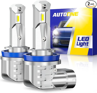 AUTOONE H11 LED Bulbs, H8/H9/H16 LED Lights Plug and Play 6000K White Fanless Mini Sized Car Lights Bulb Replacement, Pack of 2