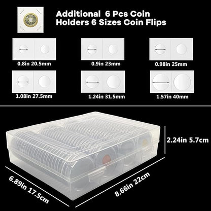 100 Pcs 46mm Silver Dollar Coin Holder Capsules and 15 Sizes(Match All 12-46mm) Protect Gasket for Collection Supplies,Plastic Coin Case with Storage Organizer Box for Collectors and 6 Pcs Coin Flip