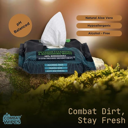 Combat Wipes ACTIVE Outdoor Wet Wipes - Extra Thick Camping Gear, Biodegradable, Body & Hand Cleansing/Refreshing Cloths for Backpacking & Gym w/Natural Aloe & Vitamin E (20 Packs, 500 Wipes)