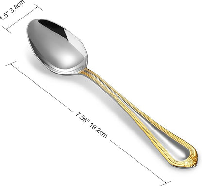 KEAWELL Pearl Edge 4-Piece Premium Spoon Set, 18/10 Stainless Steel, Fine Silverware Spoons with Refined Bead Design, Brightly Polished, Dishwasher Safe (Gold Accent, 7.56" Dinner Spoons)
