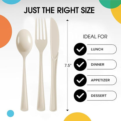 Party Solids Ivory Plastic Silverware Heavy Duty 150 Pieces Ivory Plastic Cutlery Sets, Utensil Sets, 50 Of Each Forks, Knives & Spoons Disposable Cutlery Set, Flatware Set For Party Supplies