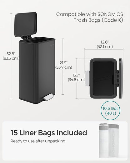 SONGMICS Kitchen Trash Can, 10.5 Gallon Garbage Can, Large Step Trash Bin