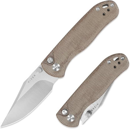 Kizer Drop Bear 2 Pocket Knife, 2.96" Nitro-V Clip Point Blade Folding Knife with Brown Micarta Handle, Button Liner Lock EDC Knives with Jimping on Spine for Men Women V3619.2CC1