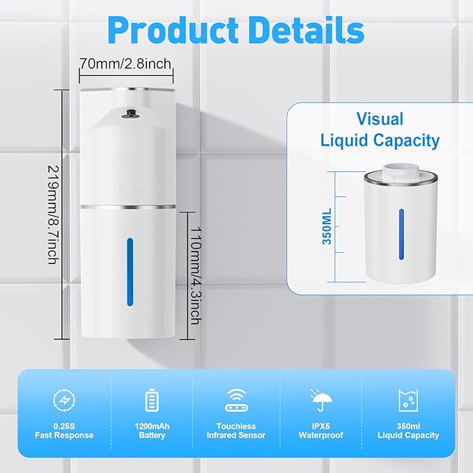Fantictas Automatic Soap Dispenser, Touchless Hand Wall Mount Rechargeable 3
