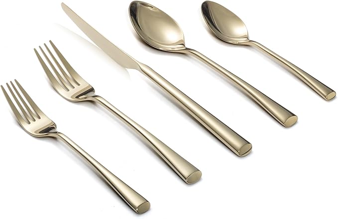 Alata Bailey Champagne Gold 20-Piece Forged Stainless Steel Flatware Set Cutlery Set, Service for 4, Silver Finish, Dishwasher Safe